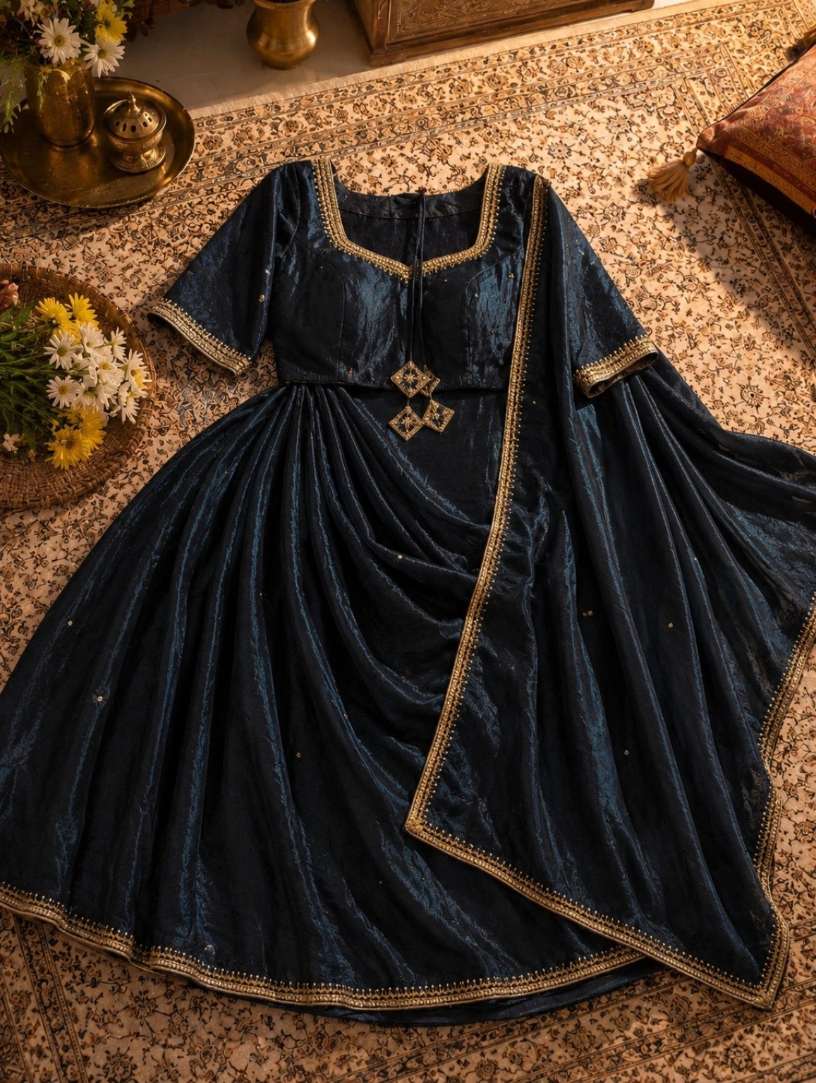 Navy Blue Fancy Satin Bead & Zari Border Saree with Blouse