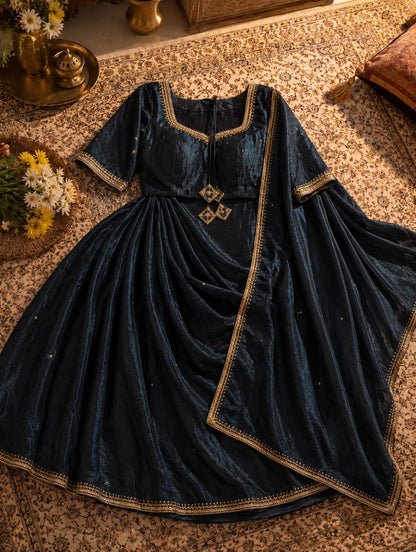Navy Blue Fancy Satin Bead & Zari Border Saree with Blouse
