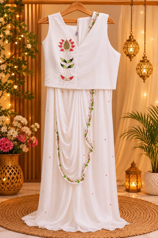 White Fancy Satin Drape Tussar Saree with Floral Embroidered Blouse
