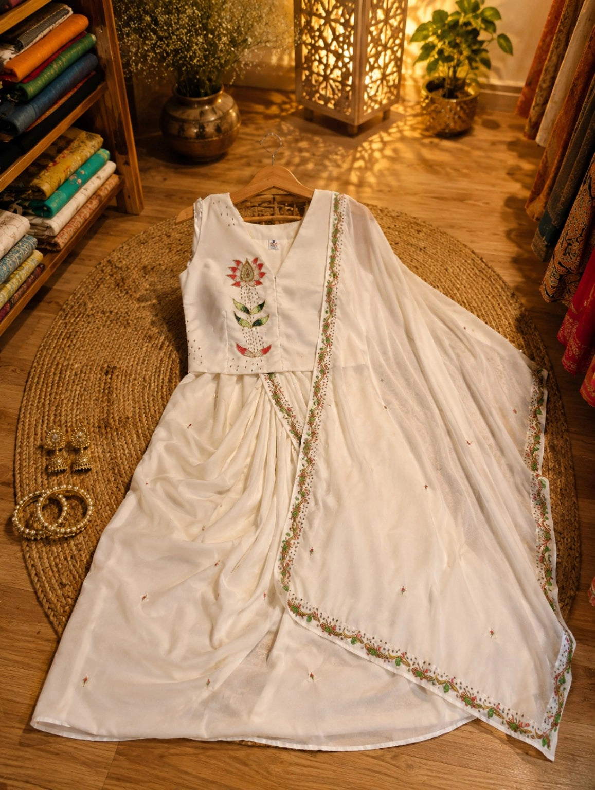 White Fancy Satin Drape Tussar Saree with Floral Embroidered Blouse