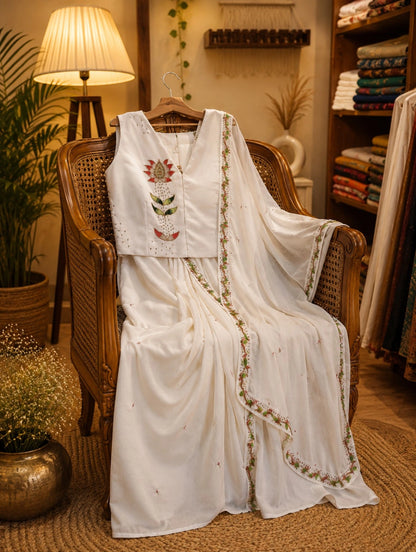 White Fancy Satin Drape Tussar Saree with Floral Embroidered Blouse