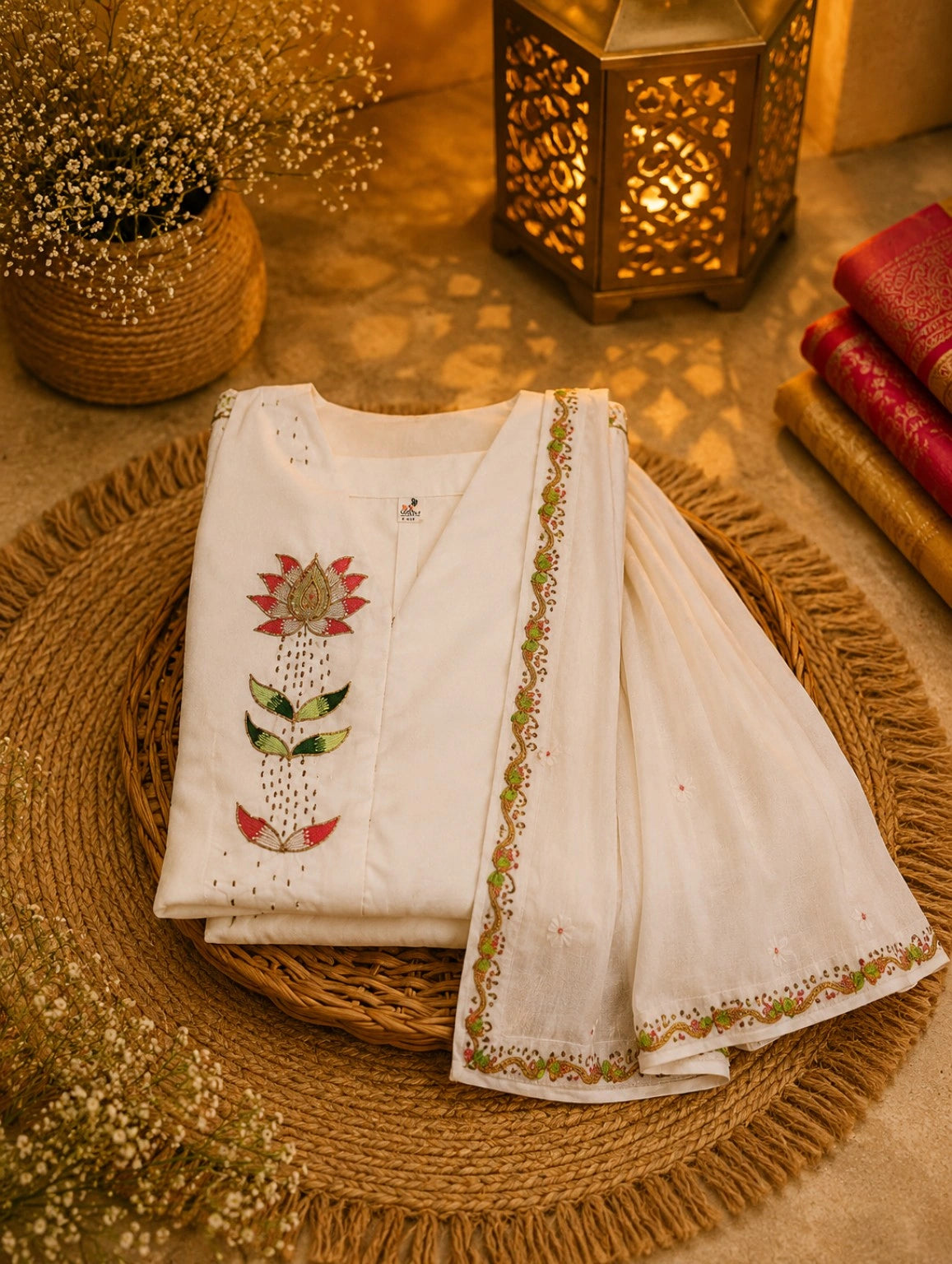White Fancy Satin Drape Tussar Saree with Floral Embroidered Blouse