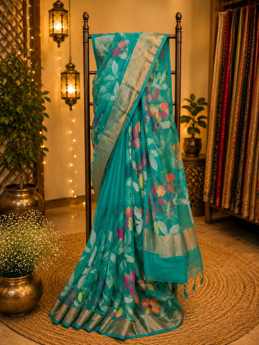 Turquoise Matka Jamdani Saree with Multicolor Floral Woven Design & Gold Border