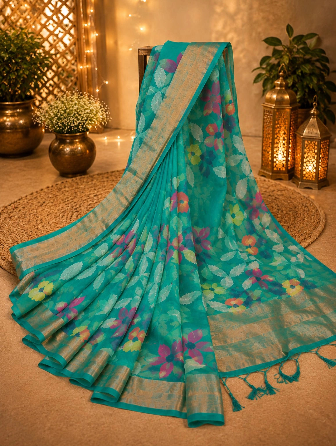 Turquoise Matka Jamdani Saree with Multicolor Floral Woven Design & Gold Border