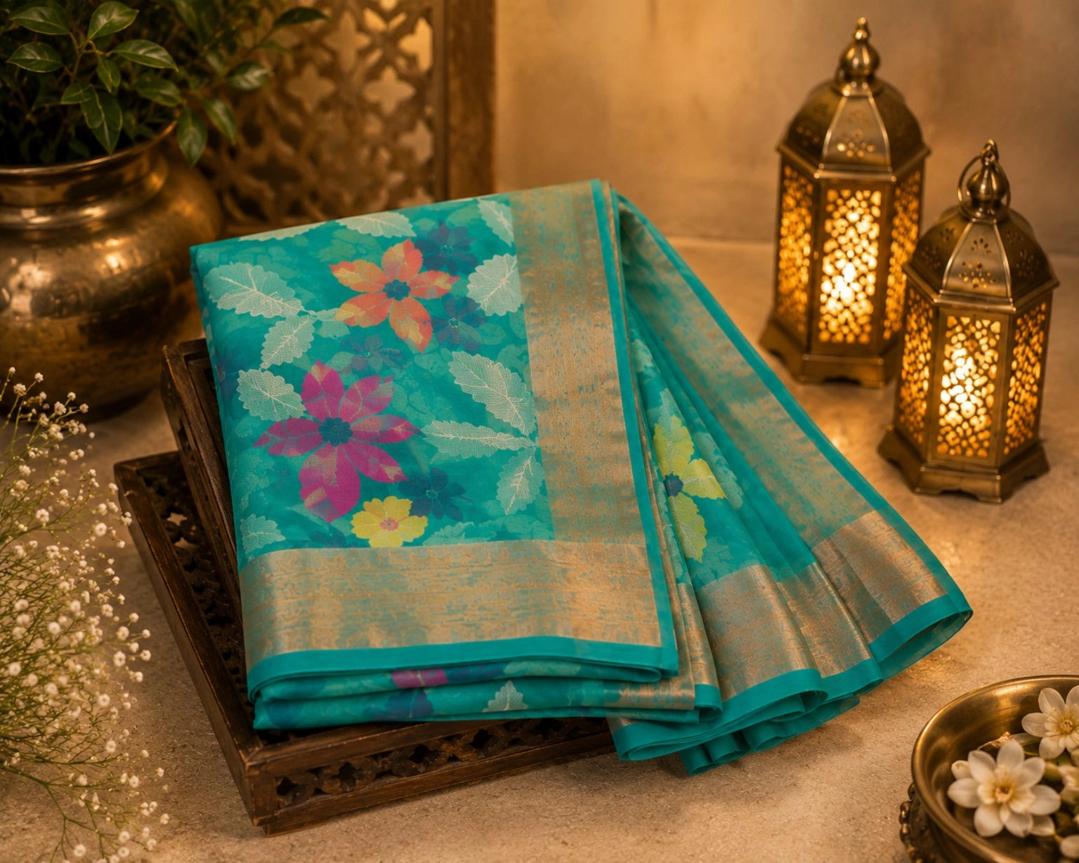 Turquoise Matka Jamdani Saree with Multicolor Floral Woven Design & Gold Border