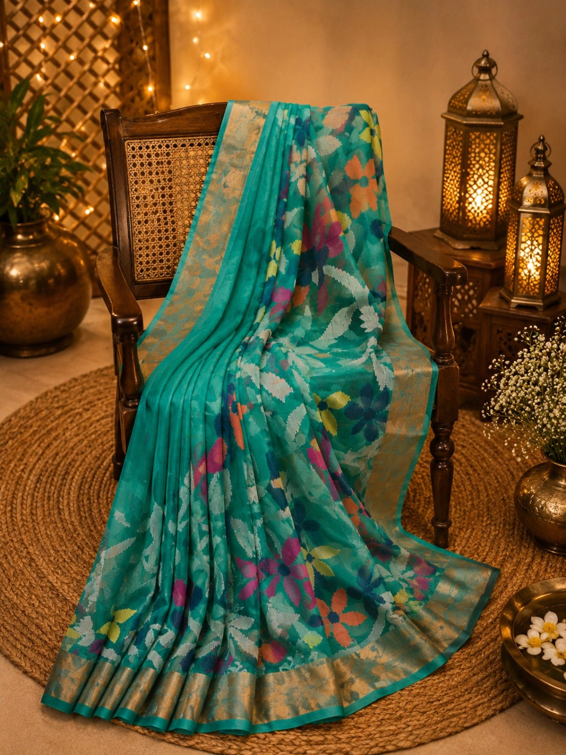 Turquoise Matka Jamdani Saree with Multicolor Floral Woven Design & Gold Border