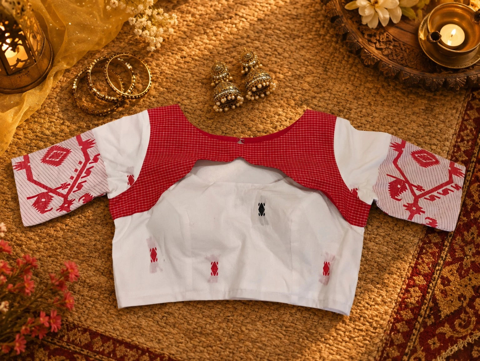 White & Red Handloom Front Scallop Cut Blouse for Women