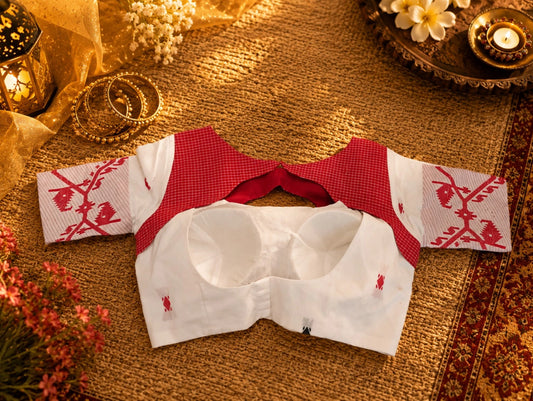 White & Red Handloom Front Scallop Cut Blouse for Women