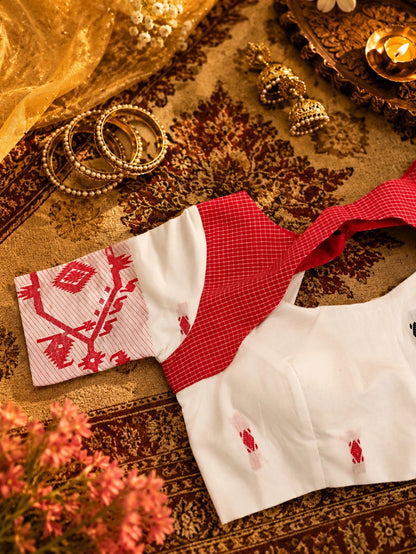 White & Red Handloom Front Scallop Cut Blouse for Women