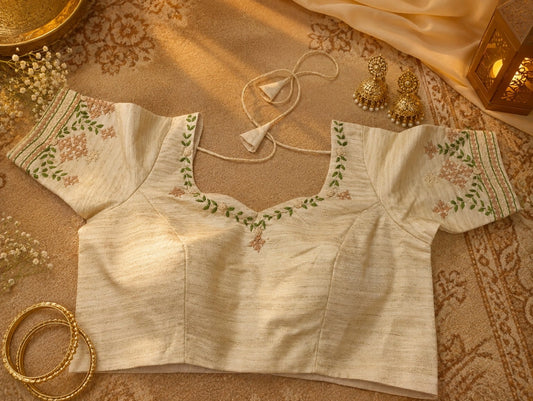 Pure Cotton Beige Thread Work Embroidered Blouse for Women