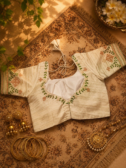 Pure Cotton Beige Thread Work Embroidered Blouse for Women