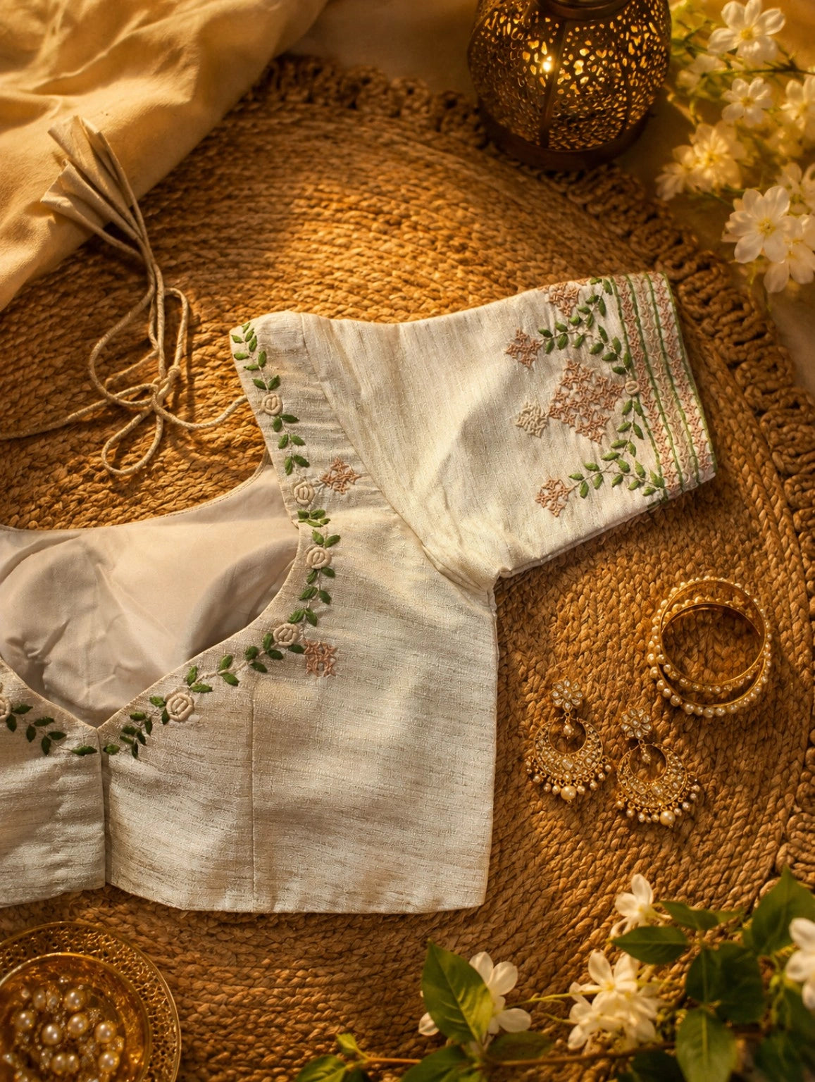 Pure Cotton Beige Thread Work Embroidered Blouse for Women