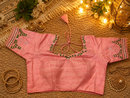 Pure Cotton Peach Pink Thread Work Designer Blouse