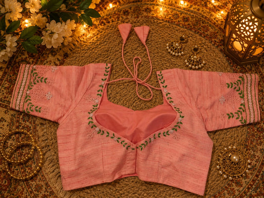 Pure Cotton Peach Pink Thread Work Designer Blouse
