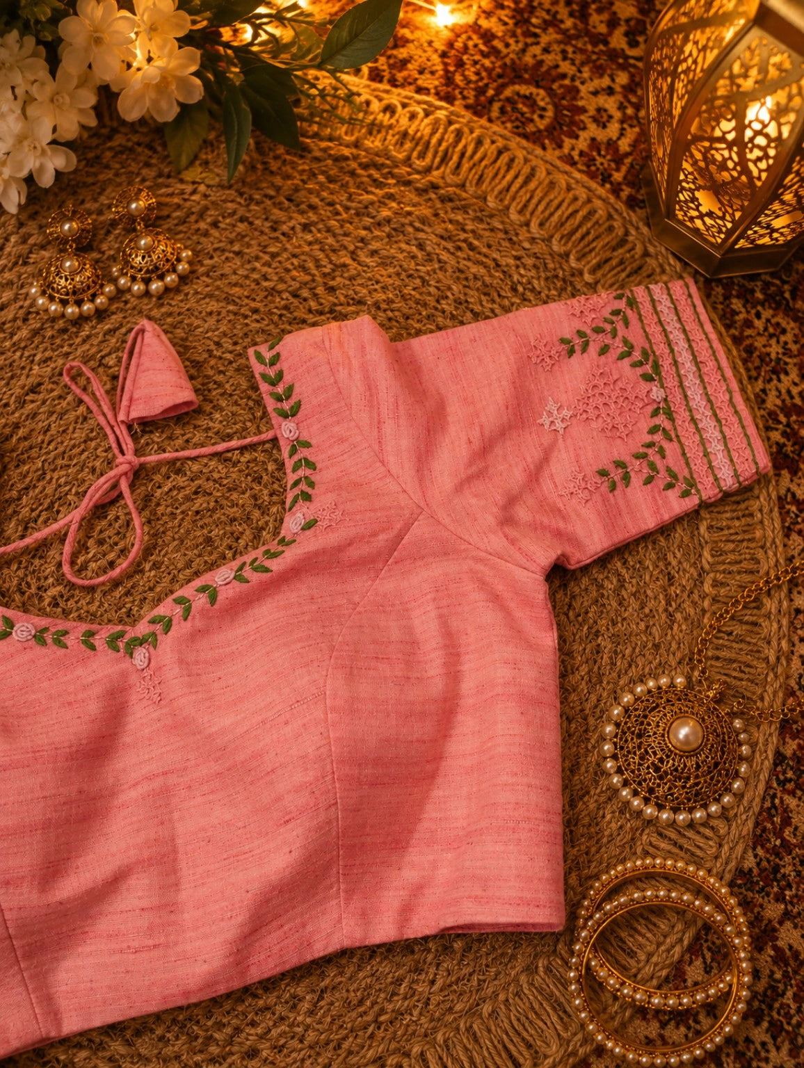 Pure Cotton Peach Pink Thread Work Designer Blouse