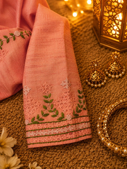 Pure Cotton Peach Pink Thread Work Designer Blouse