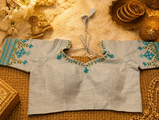 Pure Cotton Light Sage Green Thread Embroidered V-Neck Blouse with Floral Vine Work