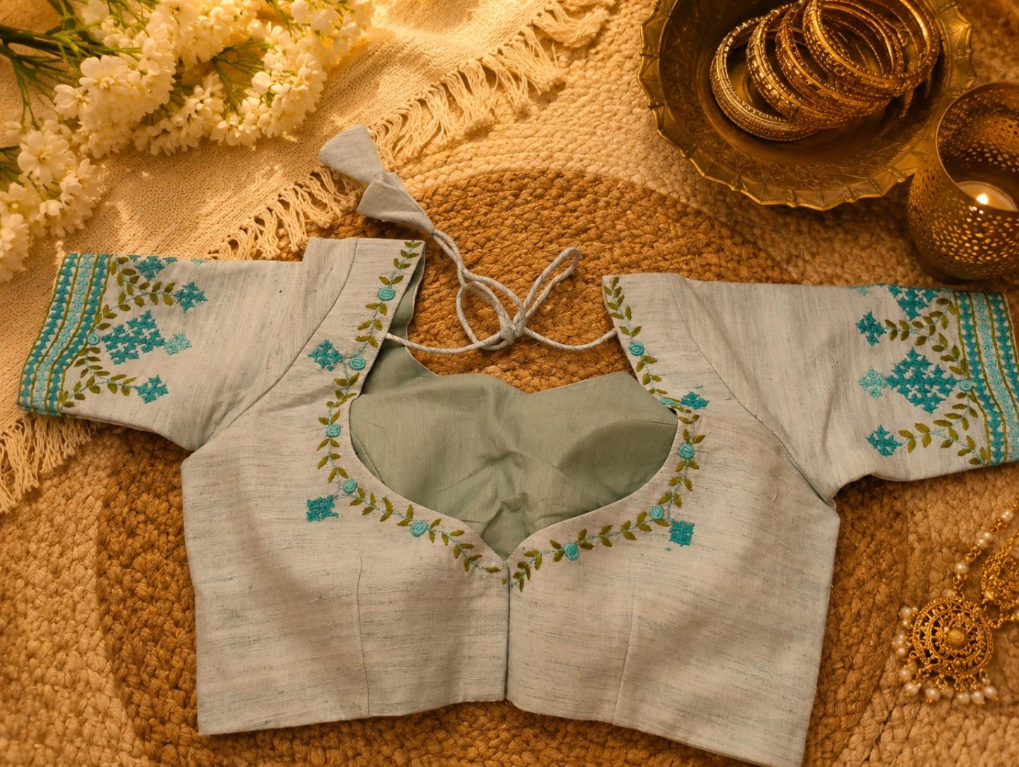 Pure Cotton Light Sage Green Thread Embroidered V-Neck Blouse with Floral Vine Work
