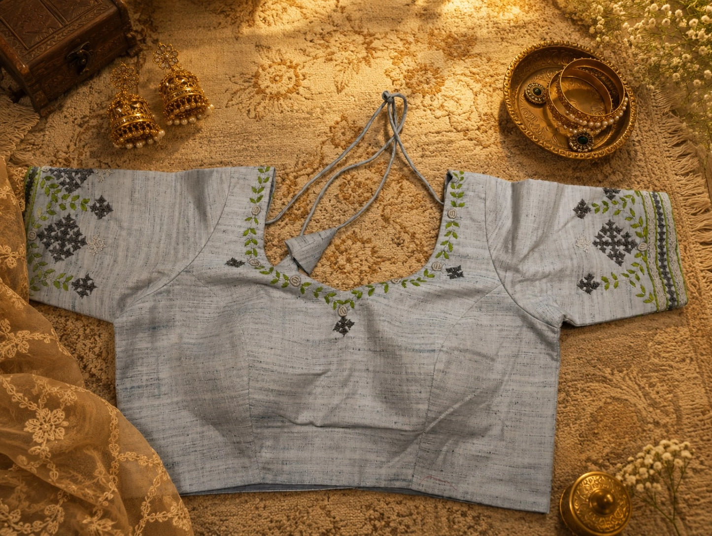 Pure Cotton Hand Thread Work Embroidered Light Grey Blouse for Women