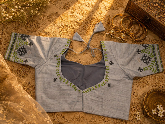 Pure Cotton Hand Thread Work Embroidered Light Grey Blouse for Women