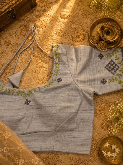 Pure Cotton Hand Thread Work Embroidered Light Grey Blouse for Women