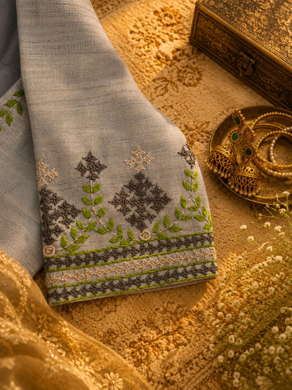 Pure Cotton Hand Thread Work Embroidered Light Grey Blouse for Women