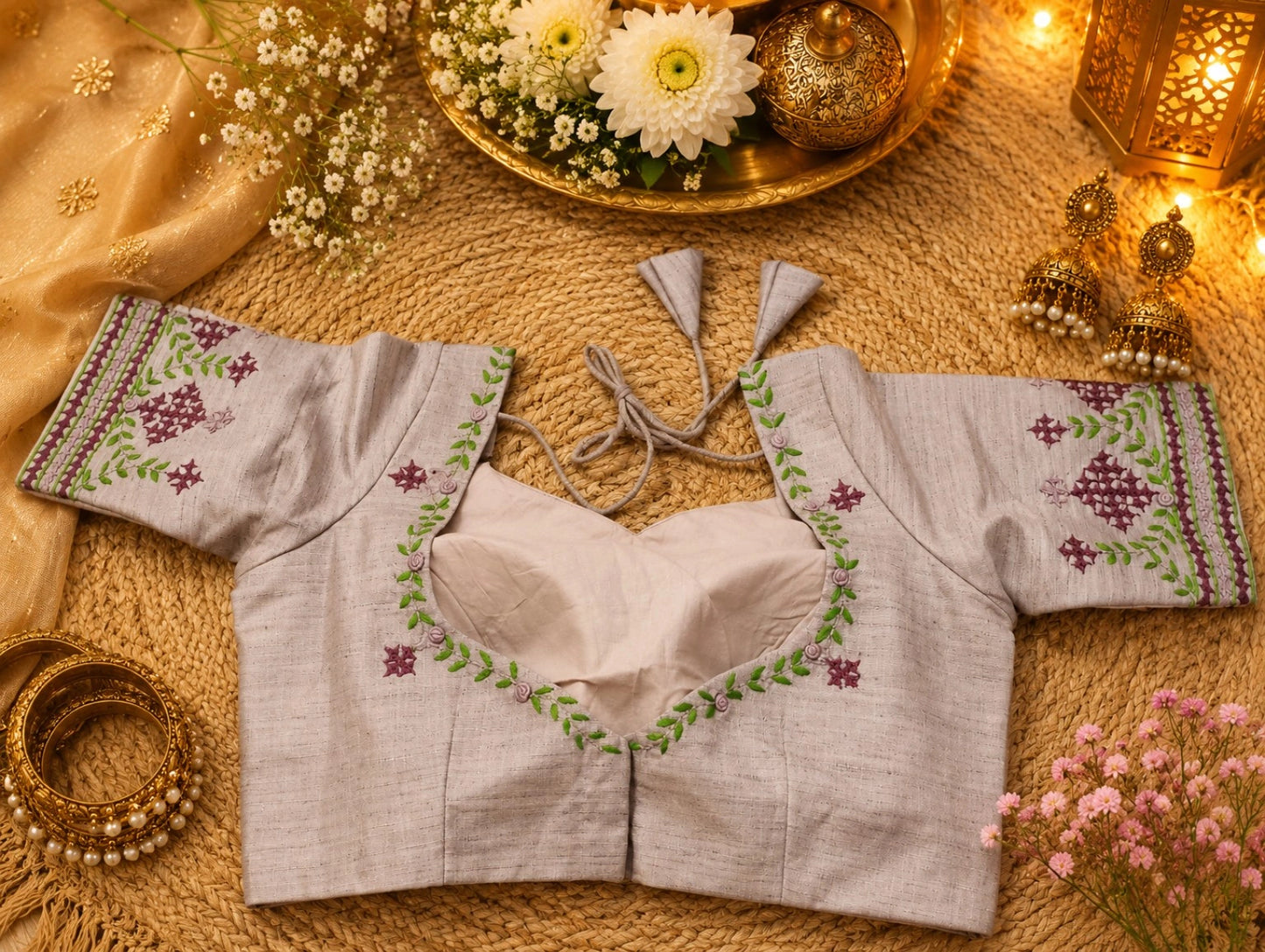 Pure Cotton Thread Work Beige Embroidered Blouse for Women