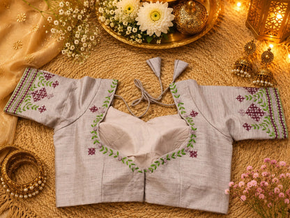 Pure Cotton Thread Work Beige Embroidered Blouse for Women