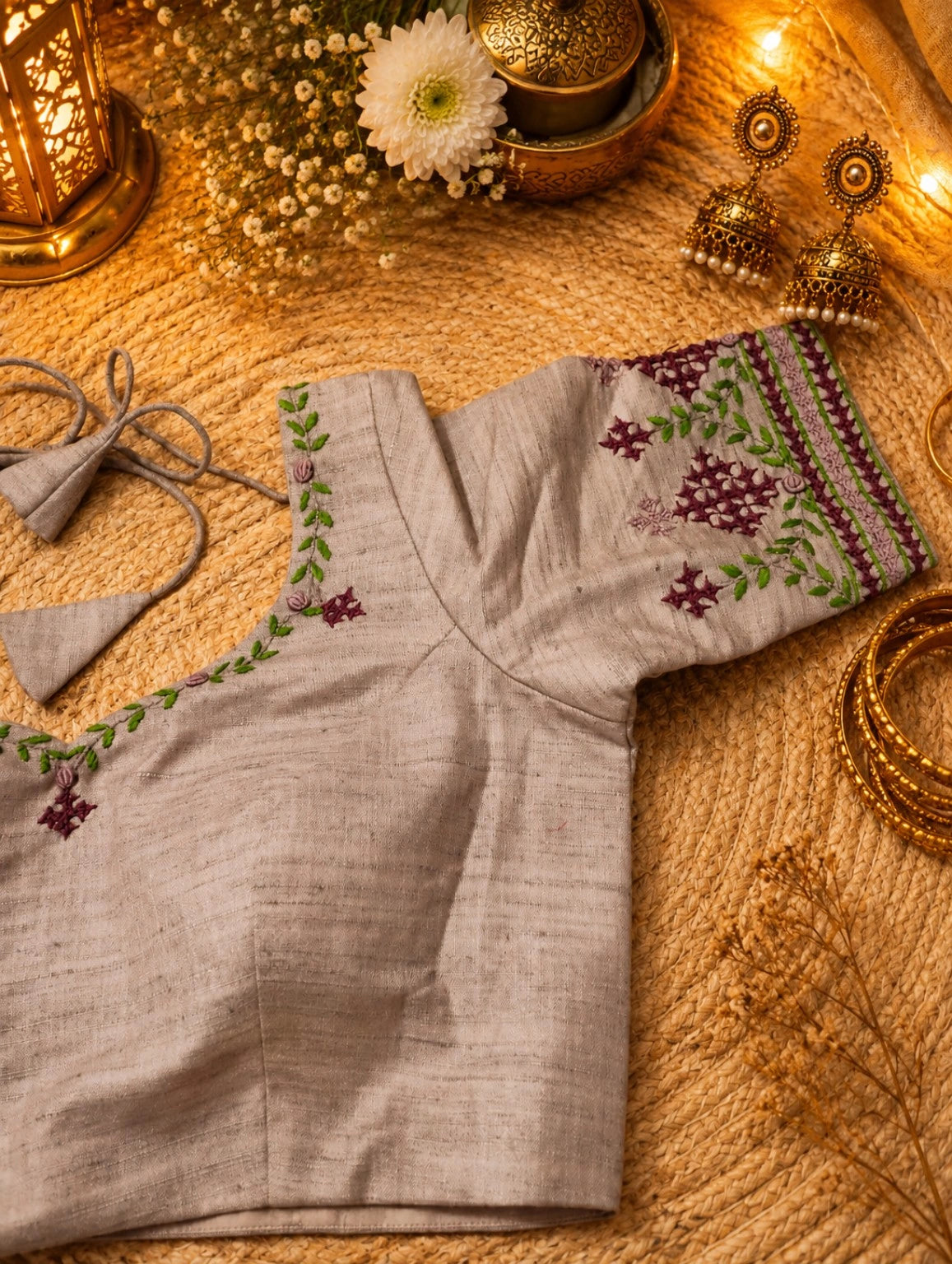 Pure Cotton Thread Work Beige Embroidered Blouse for Women