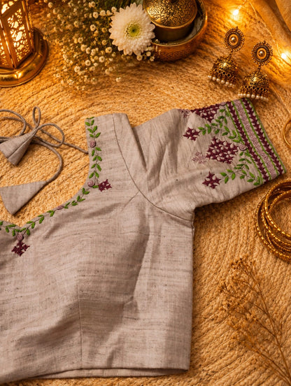 Pure Cotton Thread Work Beige Embroidered Blouse for Women
