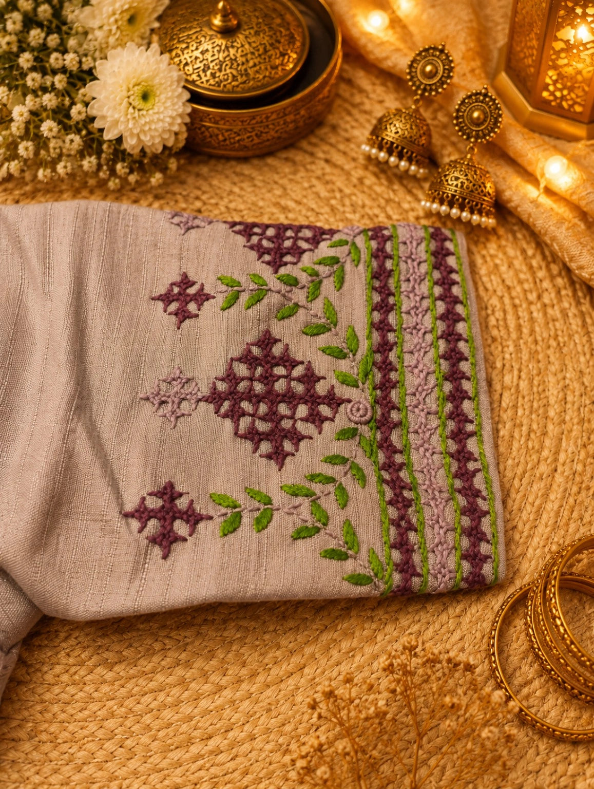 Pure Cotton Thread Work Beige Embroidered Blouse for Women
