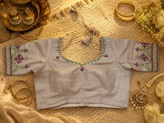 Pure Cotton Thread Work Beige Embroidered Blouse for Women