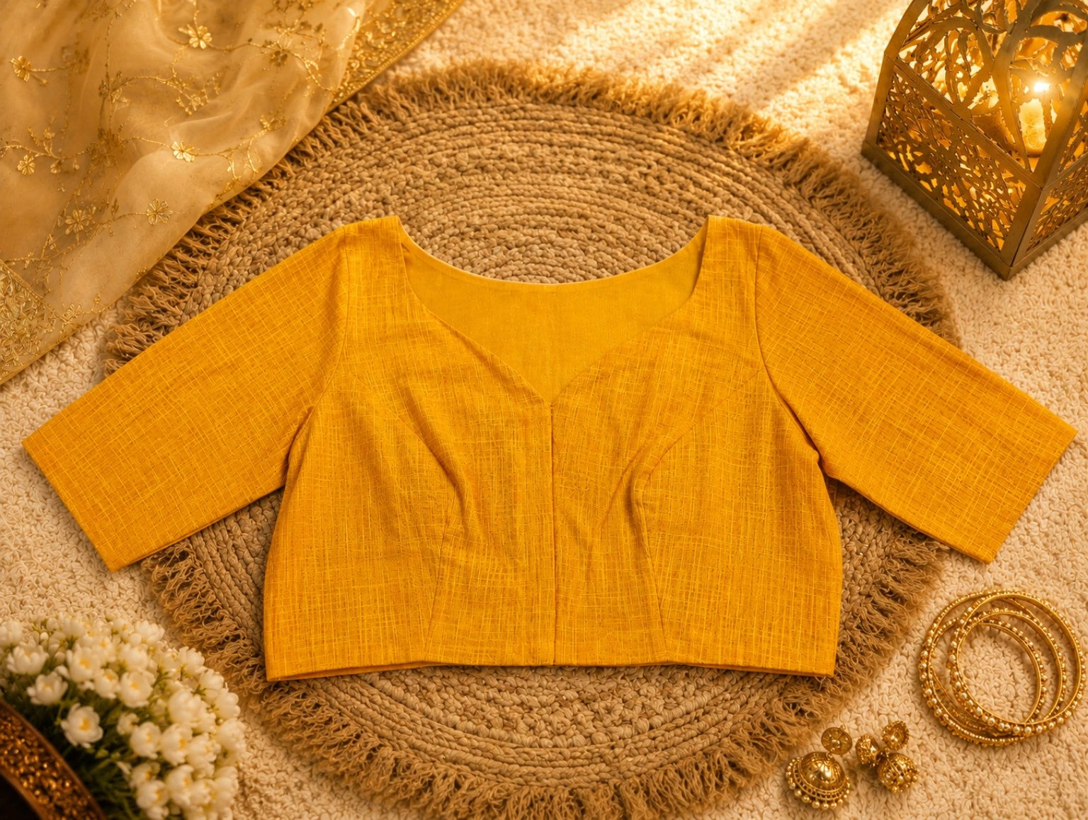 Poila Baisakh Special Mustard Yellow Textured Blouse for Women