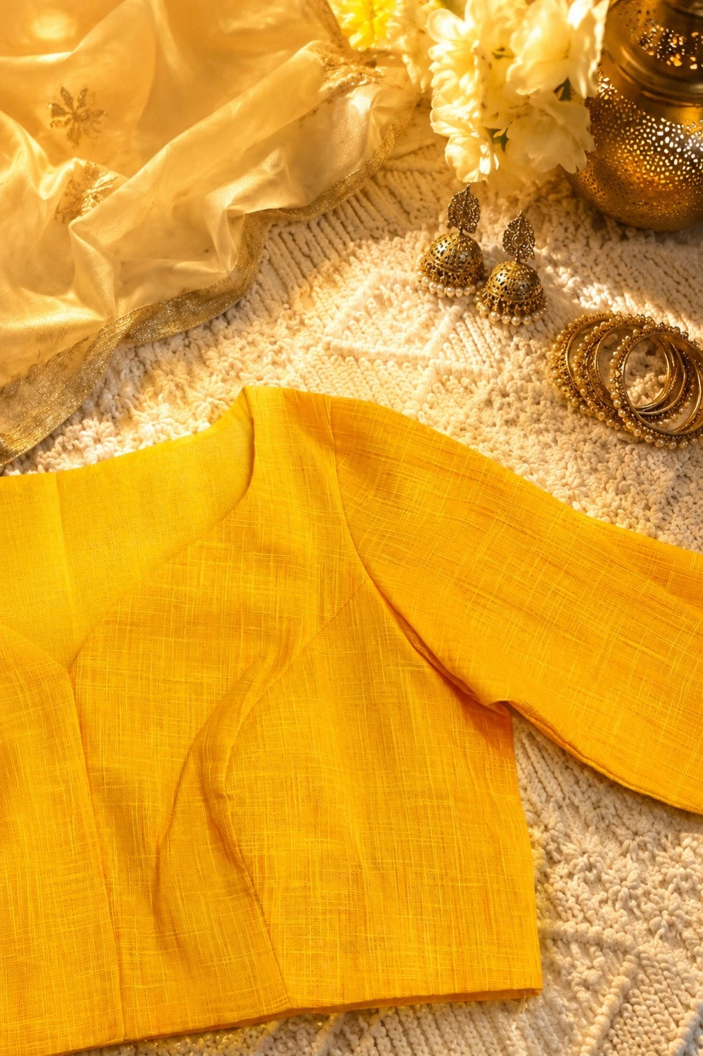 Poila Baisakh Special Mustard Yellow Textured Blouse for Women