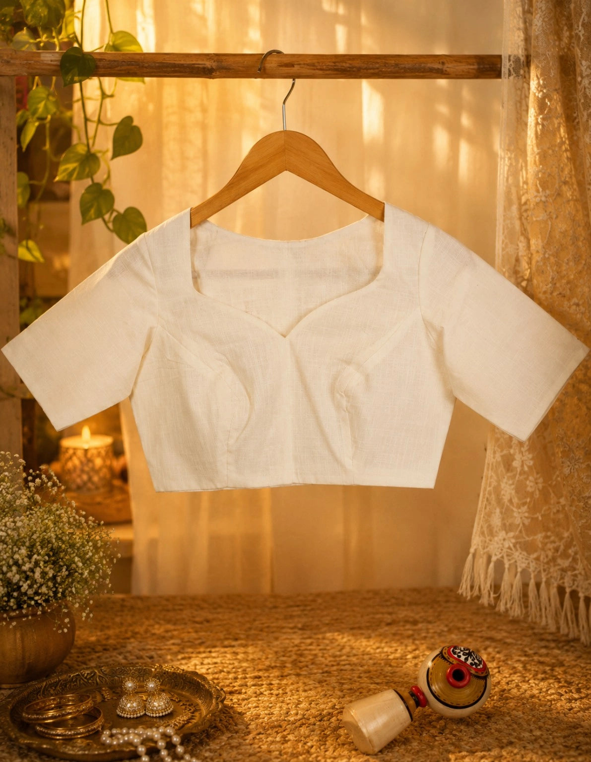 Poila Baishakh Special Off White Cotton Blend Blouse for Women