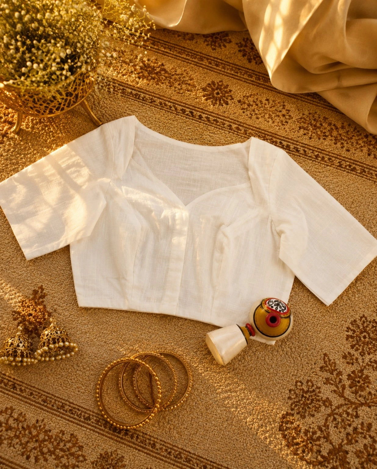 Poila Baishakh Special Off White Cotton Blend Blouse for Women