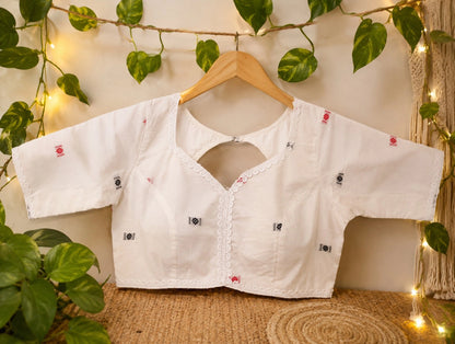White Cotton Handloom Glass Sleeve Blouse for Women