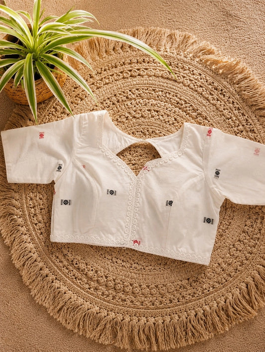 White Cotton Handloom Glass Sleeve Blouse for Women