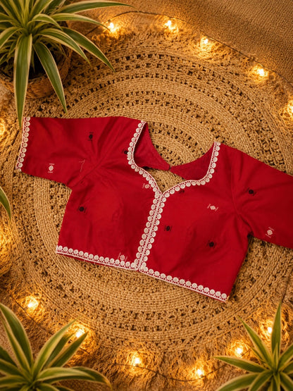 Red Cotton Handloom Glass Sleeve Blouse for Women