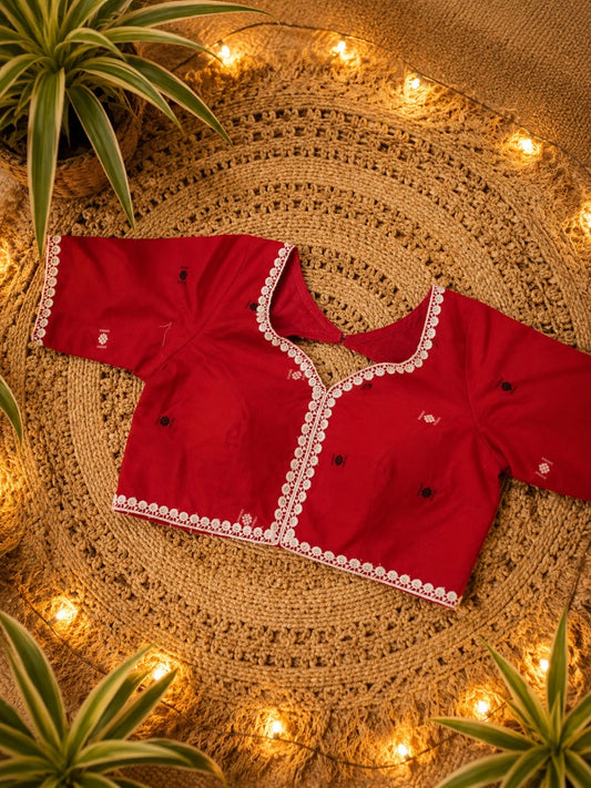 Red Cotton Handloom Glass Sleeve Blouse for Women