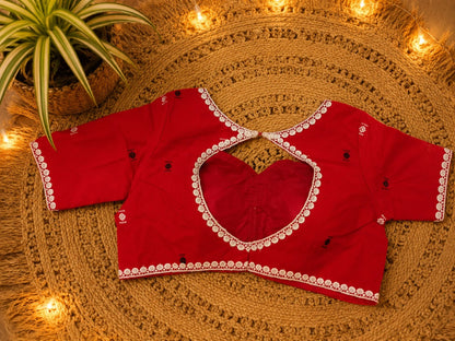 Red Cotton Handloom Glass Sleeve Blouse for Women