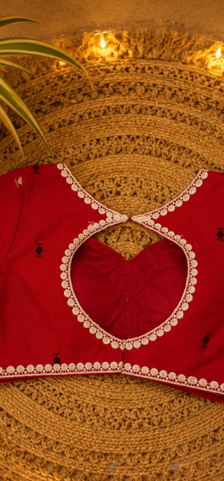 Red Cotton Handloom Glass Sleeve Blouse for Women