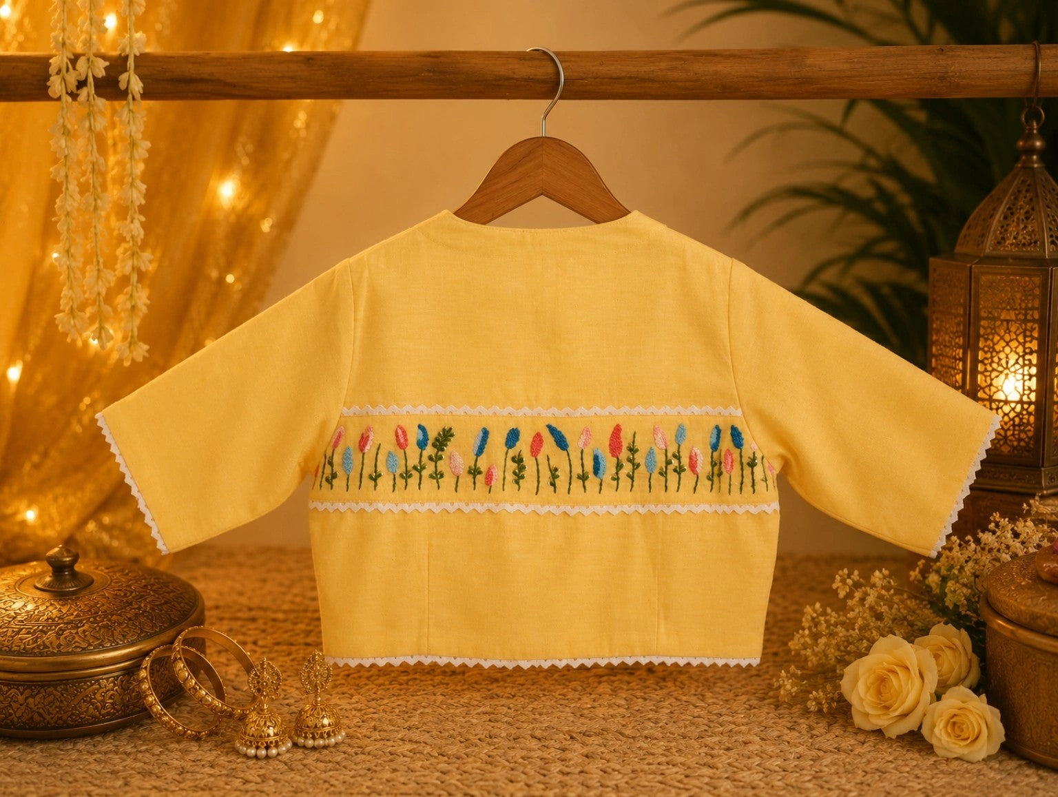 Yellow Cotton Thread Work Collar Blouse for Women