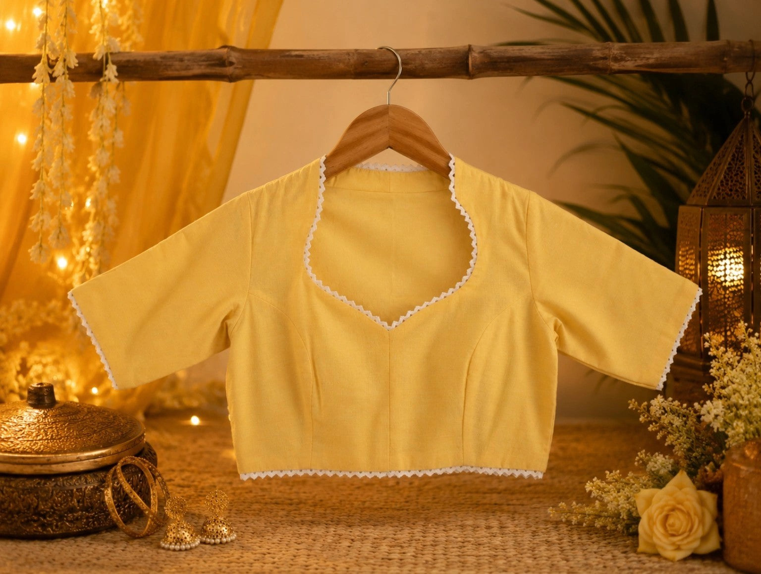 Yellow Cotton Thread Work Collar Blouse for Women
