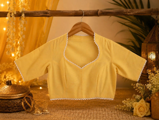 Yellow Cotton Thread Work Collar Blouse for Women