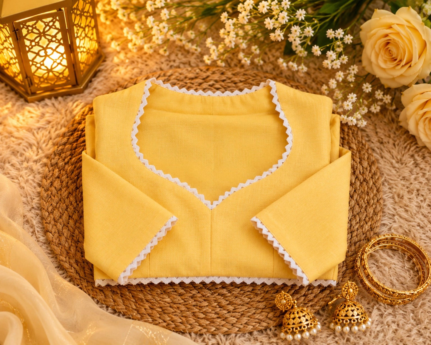 Yellow Cotton Thread Work Collar Blouse for Women