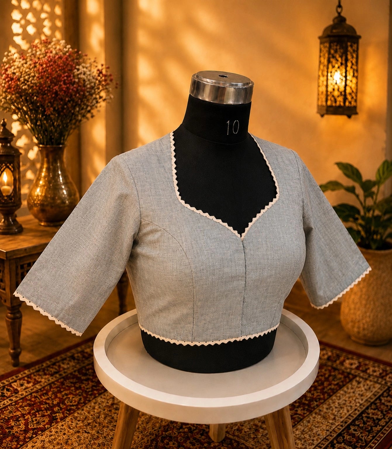 Grey Cotton Thread Work Designer Blouse for Women | Multicolor Floral Embroidered Back
