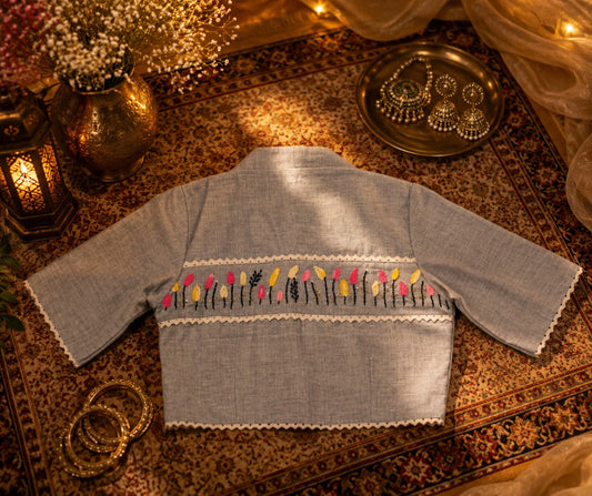 Grey Cotton Thread Work Designer Blouse for Women | Multicolor Floral Embroidered Back