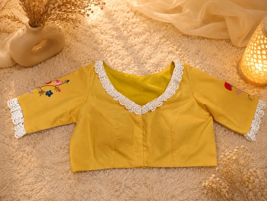 Mustard Yellow Pure Cotton Thread Work Blouse with White Lace V-Neck