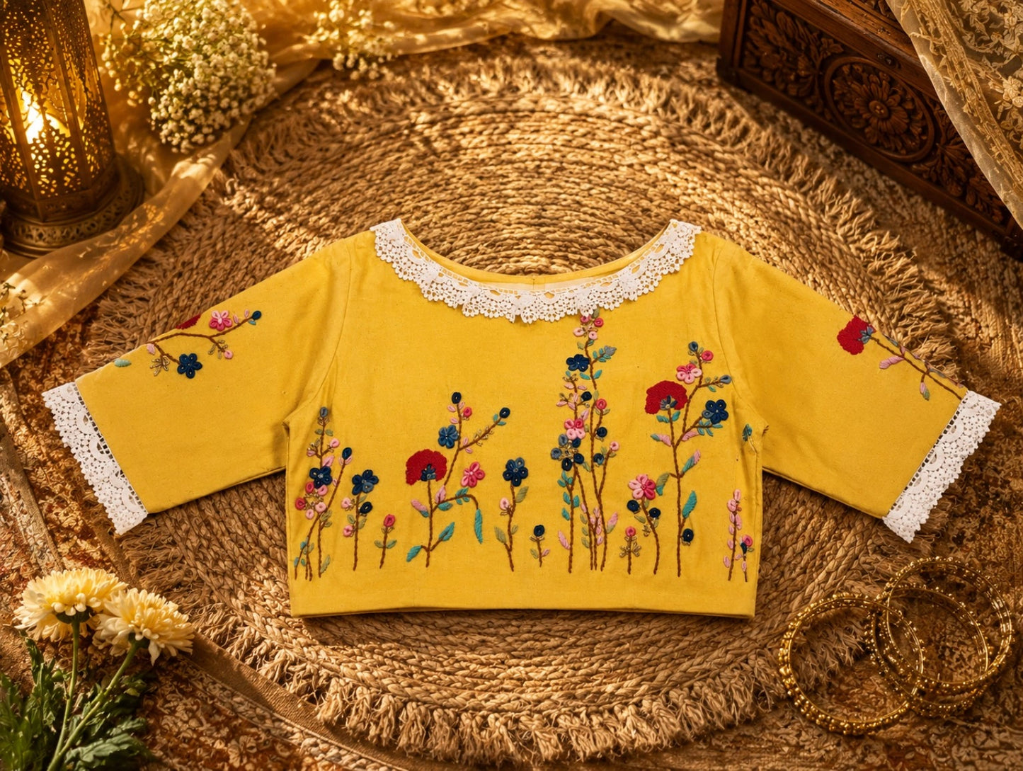 Mustard Yellow Pure Cotton Thread Work Blouse with White Lace V-Neck